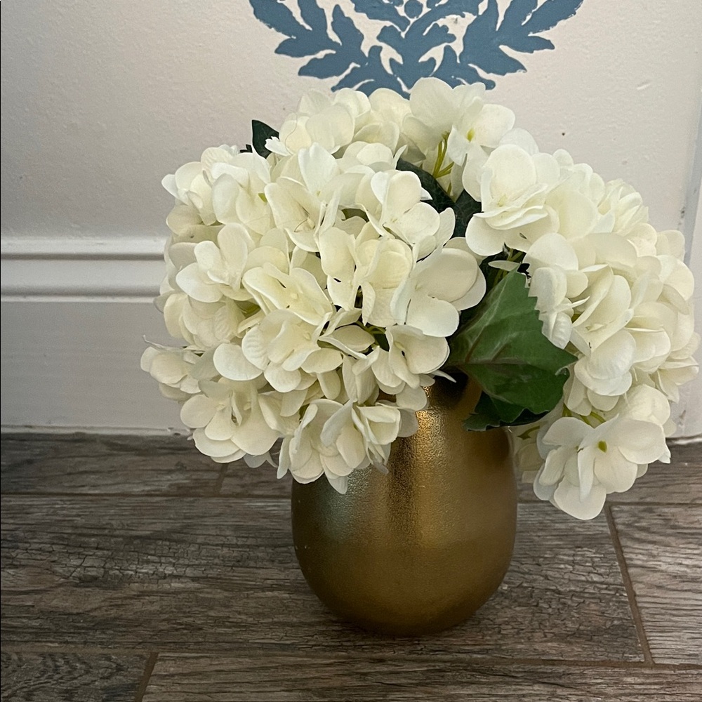 Elegant Gold Vase with White Hydrangeas